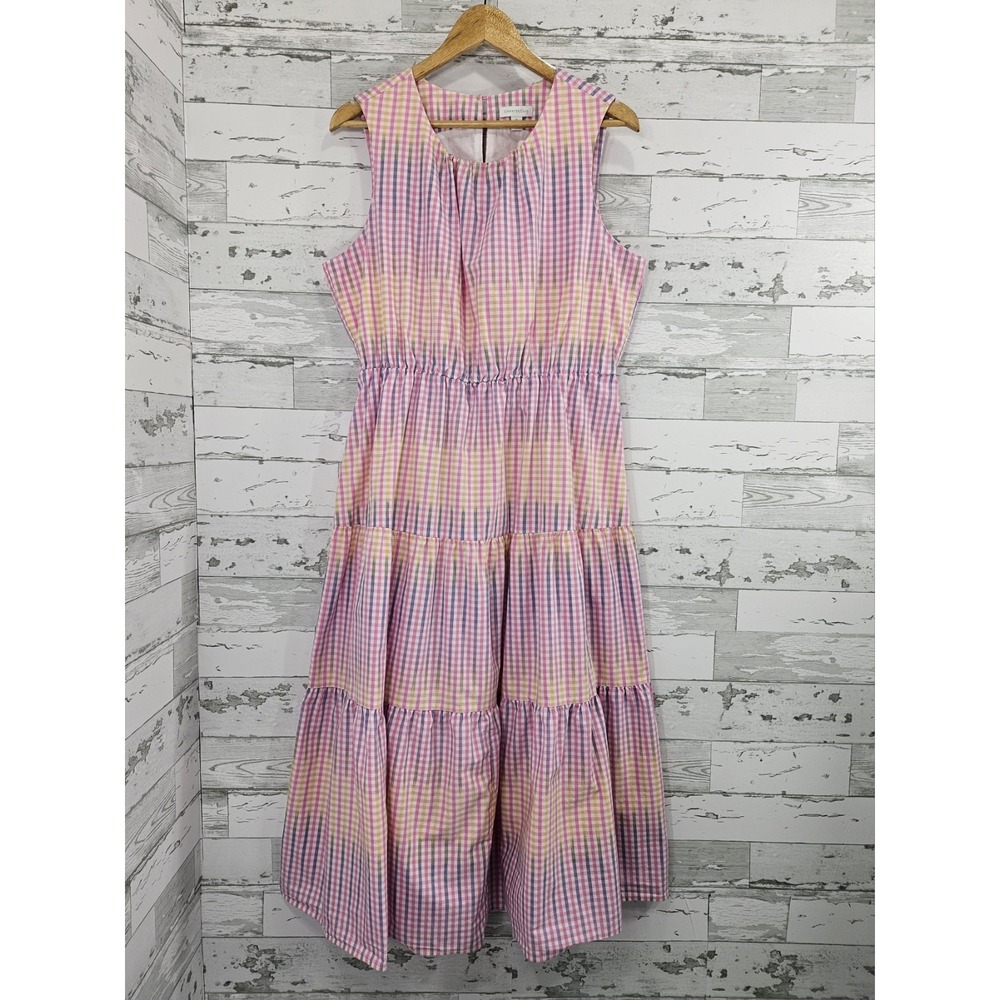 Charter Club Pink‎ Gingham Plaid Tiered Midi Dress XL Sleeveless Cotton